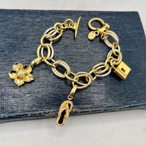 Chunky gold & silver chain charm bracelet flip flop lock flower rhinestones 7.5”